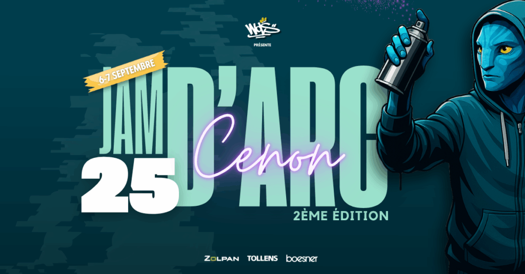 Affiche promotionnelle conçue par VAEN pour l’événement Jam d’Arc 25 – 2ᵉ édition à Cenon, les 6 et 7 septembre, organisé par WOLS Street Art. Une figure de style "avatar" en hoodie tient une bombe de peinture en main sur fond bleu foncé.