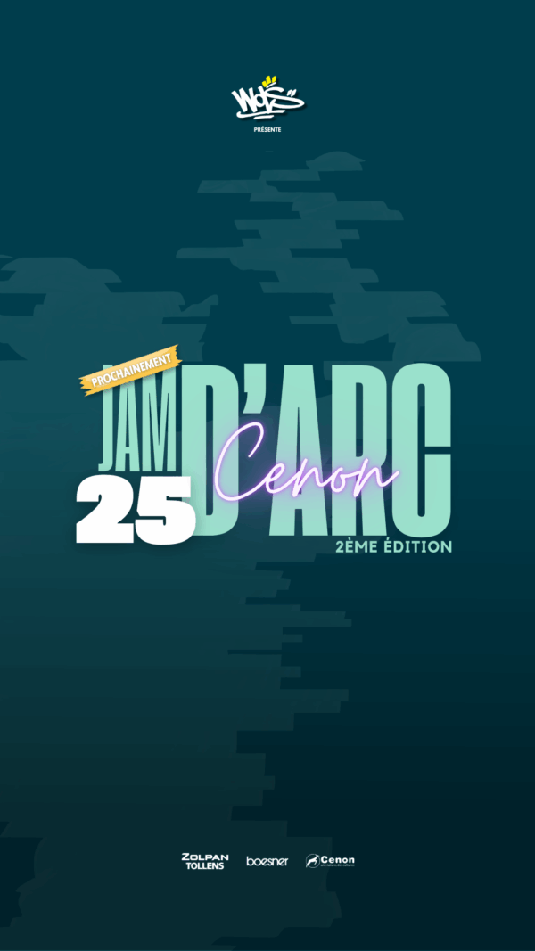 Affiche verticale avec le logo de WOLS en haut et l’annonce “Prochainement Jam D’Arc 25 Cenon – 2ème édition” en grande typographie au centre sur fond bleu texturé.