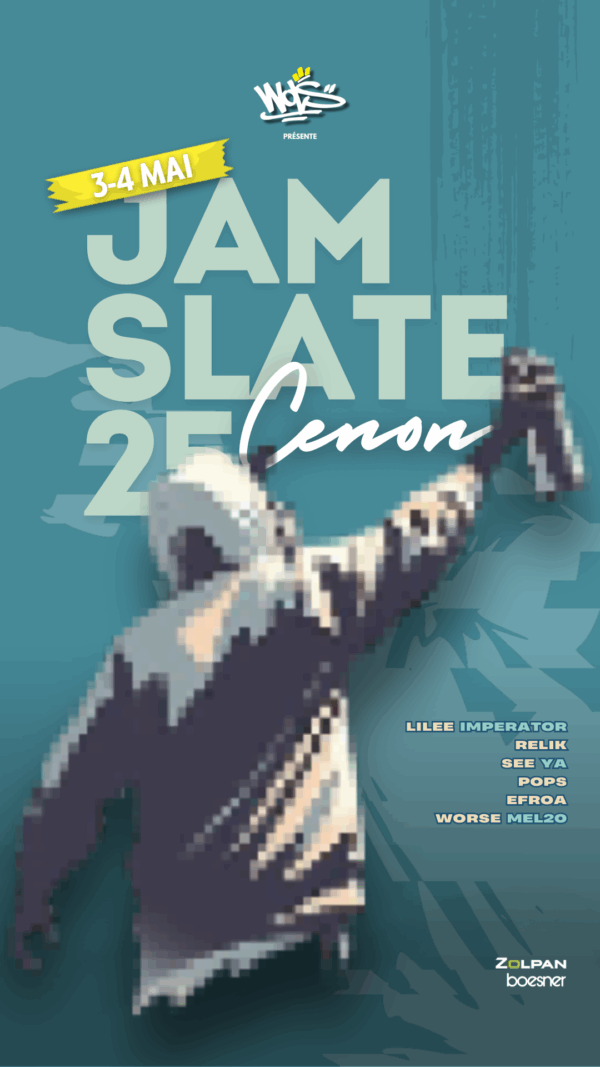 Affiche verticale de l’événement Jam SLATE 25 avec un personnage pixelisé de dos, en train de peindre sur un mur, avec les dates 3-4 mai affichées dans un bandeau jaune.