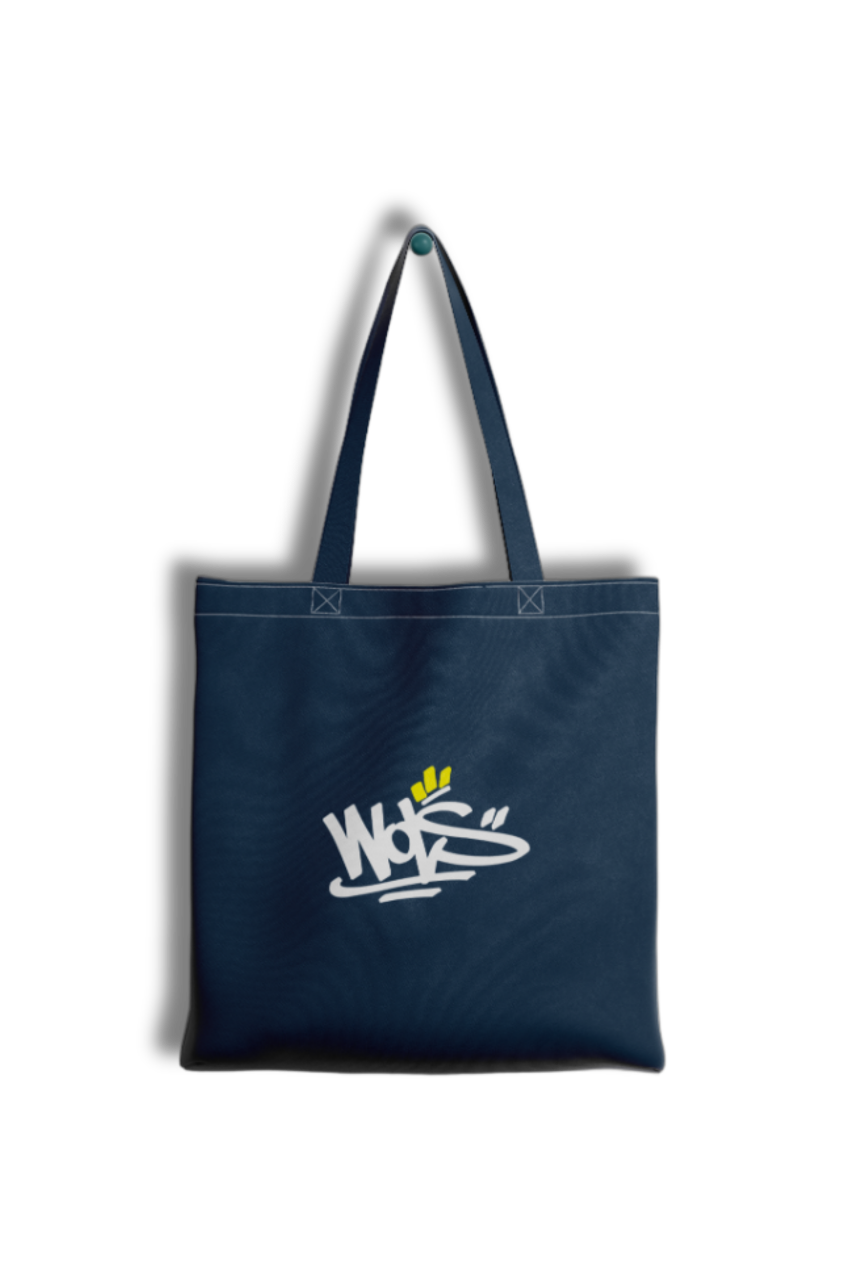 Face 1 d'un tote bag bleu avec logo WOLS.