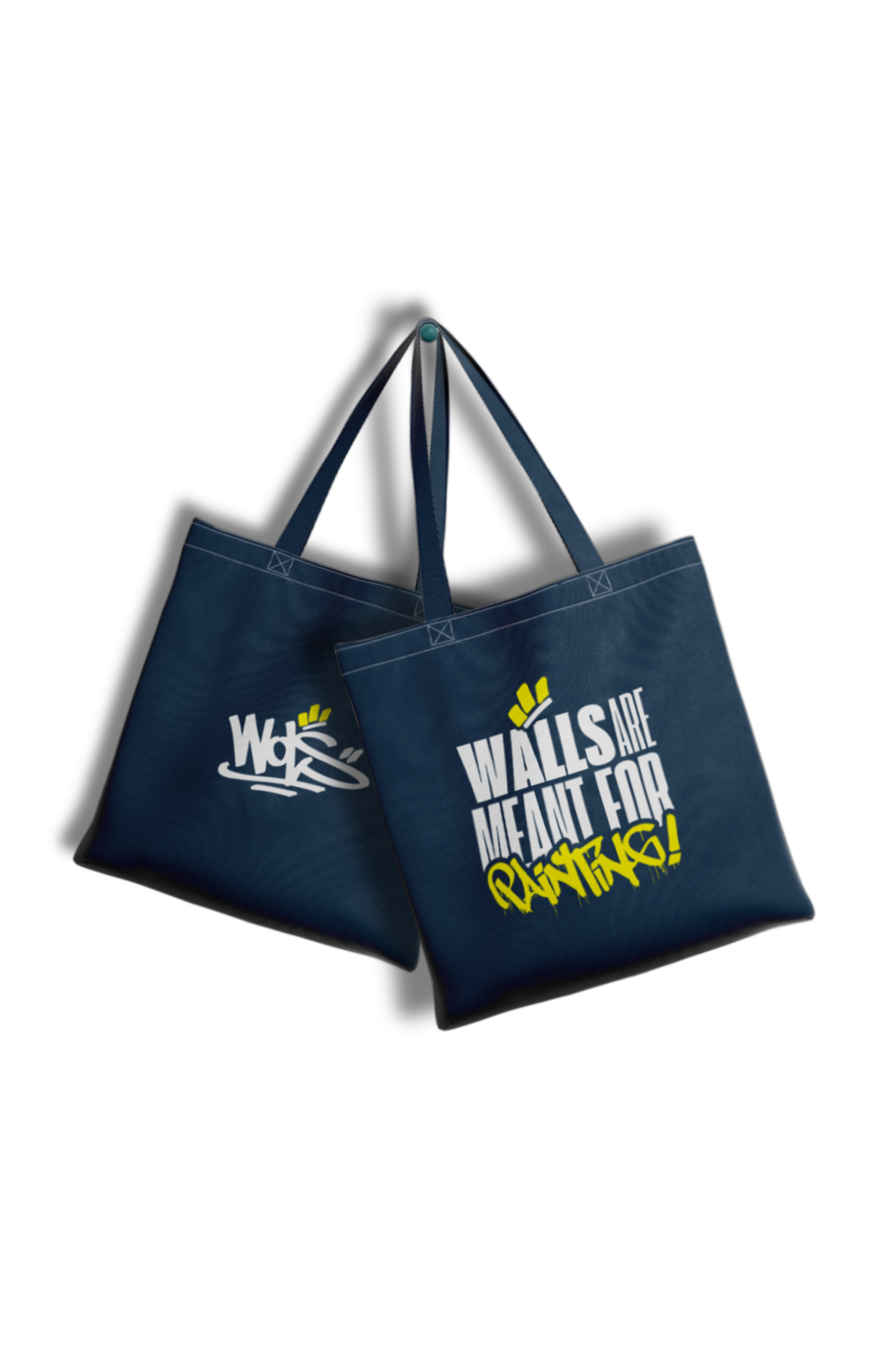 Tote bag bleu avec logo WOLS et slogan "Walls are meant for painting".