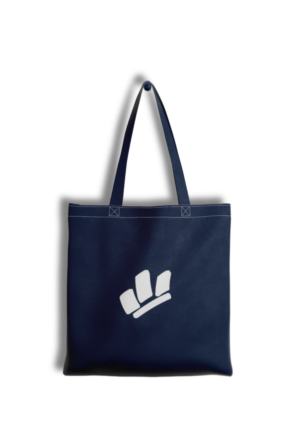 Face 1 d'un tote bag bleu avec icône de marque WOLS.