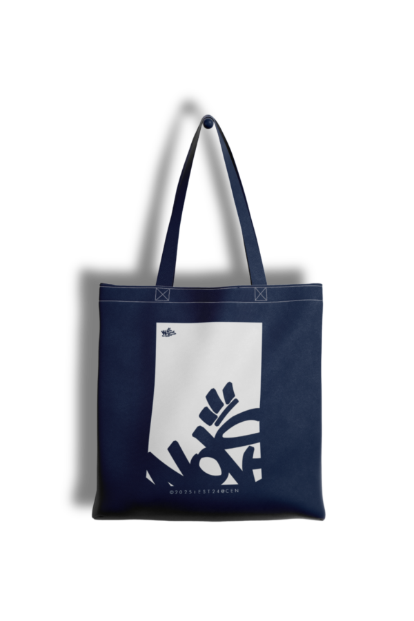 Face 2 d'un tote bag bleu avec visuel WOLS.