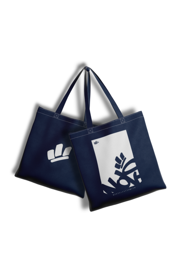 Tote bag bleu avec icône de marque WOLS et visuel graphique.