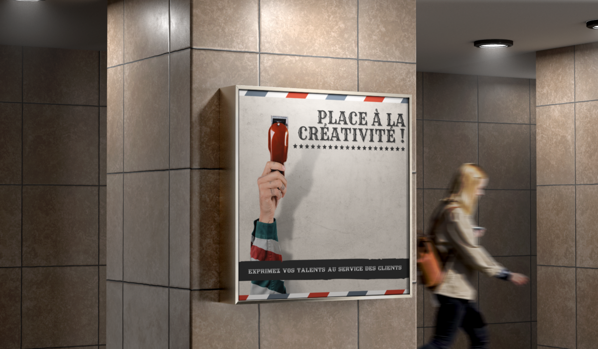 Affiche "Place à la créativité" pour une campagne de recrutement dans un barber shop.
