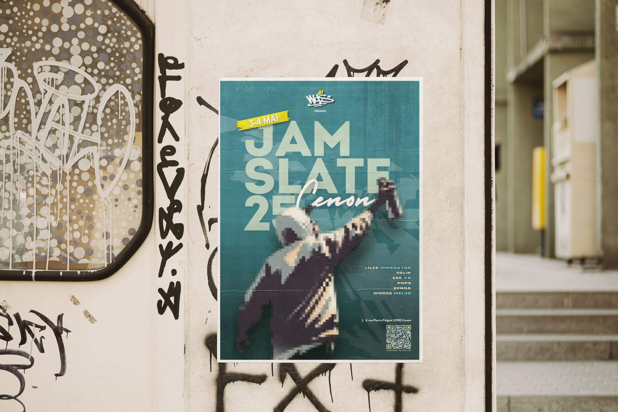 Affiche événement street art jam SLATE 25 à Cenon avec illustration artistique.