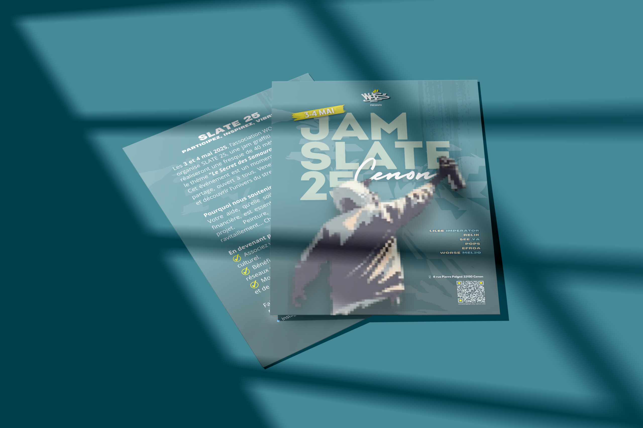 Flyers de l’événement street art SLATE 25 conçus pour WOLS Street Art.