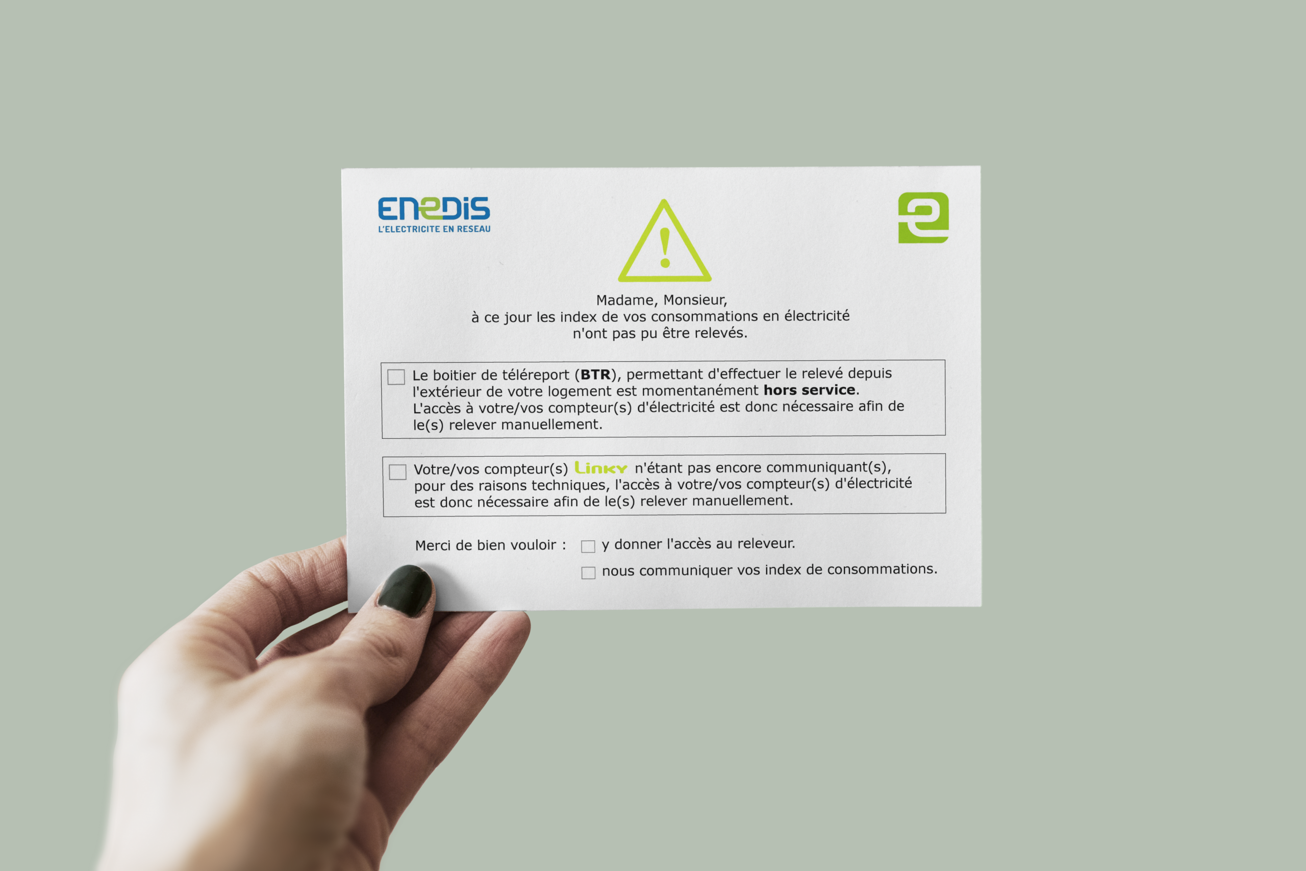 Notification à destination des clients Enedis concernant l’impossibilité de relever les index de consommation, design par VAEN.