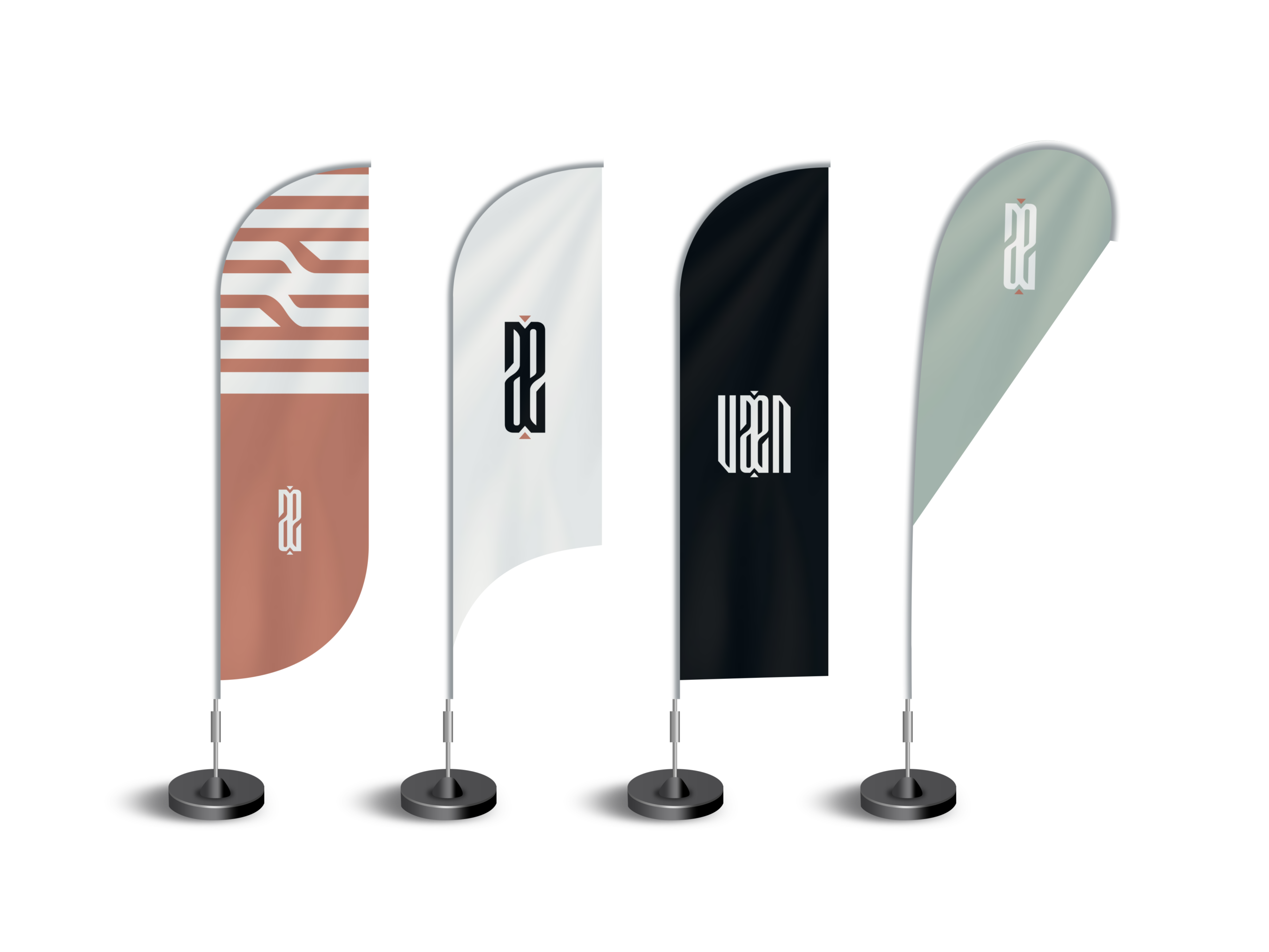 Différents types de drapeaux oriflamme avec logo et icône de marque VAEN.